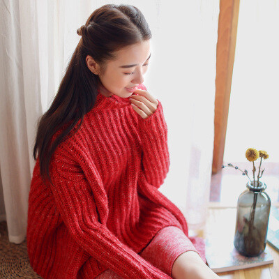 木木家 宽松毛衣女秋冬新款套头粗线衣加厚红色长袖针织衫上衣