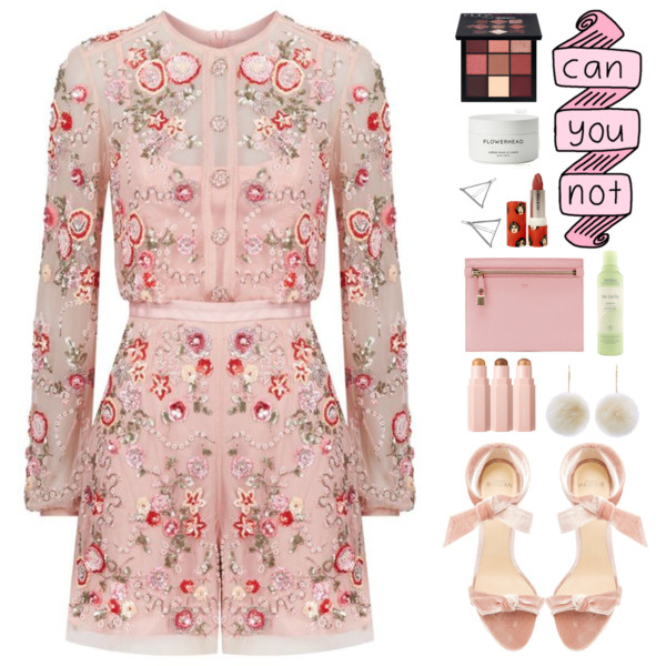 A fashion look from January 2018 featuring sequin rompers, velvet shoes and pink handbags. Browse and shop related looks.