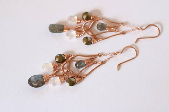 Rose Gold Wire Wrapped Earrings Labradorite and Moonstone