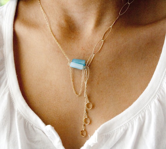 Silver Necklace Blue Necklace Sterling Silver Asymmetrical