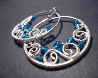 Hoop earrings in blue and silver - wire wrapped jewelry