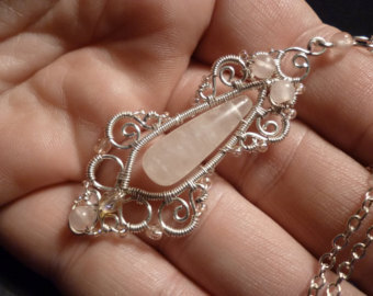 Rose quartz gemstone and silver pendant - wire wrapped jewelry