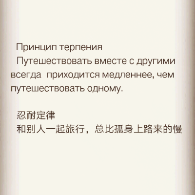  Принцип терпения
  Путешествовать вместе с другими всегда  приходится медленнее, чем путешествовать одному.
…