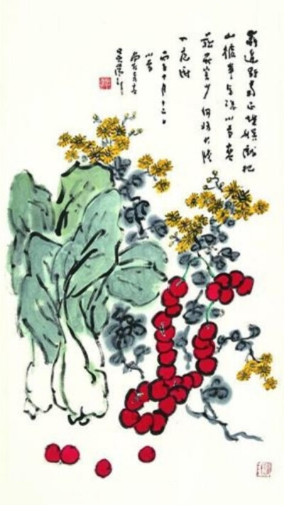 吴藕汀诗画 · 廿四节候图——小雪
篱边野菊正堪娱
戏把山楂串念珠
小雪寒菘虫害少
何妨大胆入庖厨