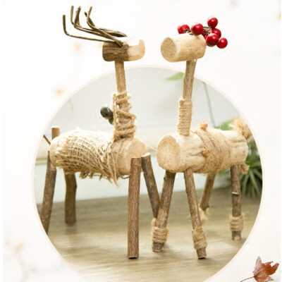 日式家居饰品摆件设办公室桌面可爱动物麻绳木质小鹿创意生日礼物