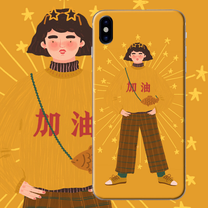 一岛原创插画加油女孩iphone8plus手机壳 苹果7plus6X全包软壳