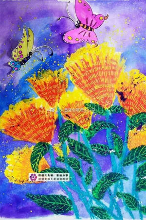 创意美术之鸡冠花，水油分离，蜡笔画鸡冠花，水粉晕染背景。