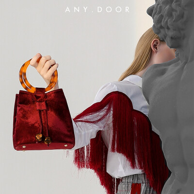 ANYDOOR新款玳瑁包原创设计丝绒包手提单肩斜挎包女束口水桶包包