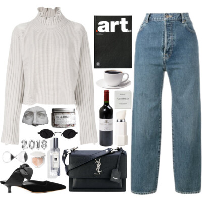 A fashion look from January 2018 featuring longer sweater, blue jeans and velvet shoes. Browse and shop related looks.