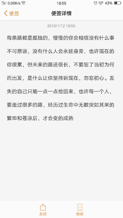 每条路都是孤独的，慢慢的你会相信没有什么事不可原谅，没有什么人会永驻身旁，也许现在的你很累，但未来的路还很长，不要忘了当初为何而出发，是什么让你坚持到现在，勿忘初心。丢失的自己只能一点一点捡回来，也许…