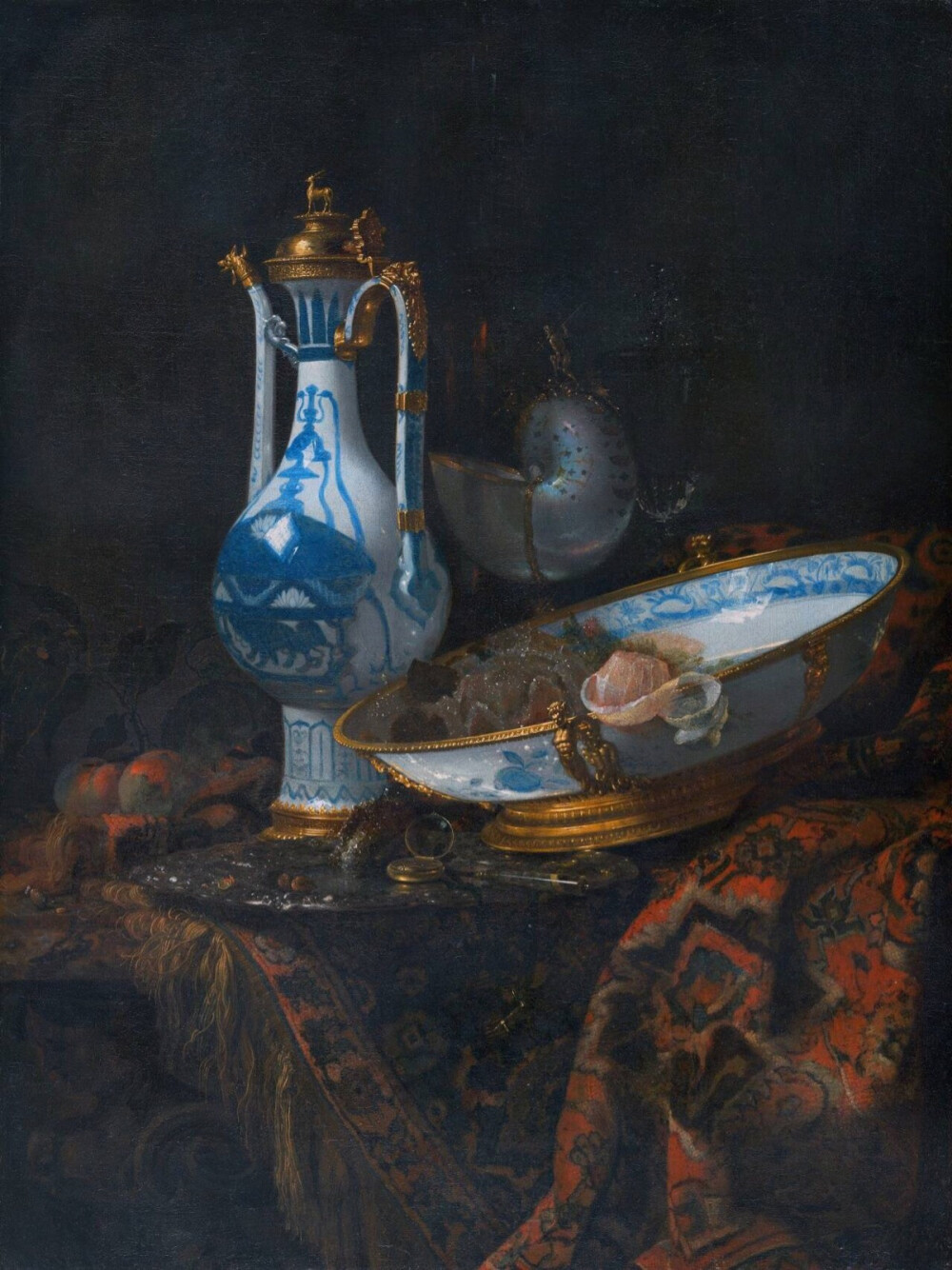 17世纪荷兰黄金时代的画家Willem Kalf的静物画。在他的画作中，经常有富丽的波斯地毯、闪光的中国瓷器、色彩鲜艳的水果和锃光瓦亮的金属器皿，可见画家出身富裕家庭。在巴比松画派和印象派出现之前，这种在画室里完成的静物画是画家们喜欢的创作主题，而荷兰在这一时期出现过不少优秀的静物画家。