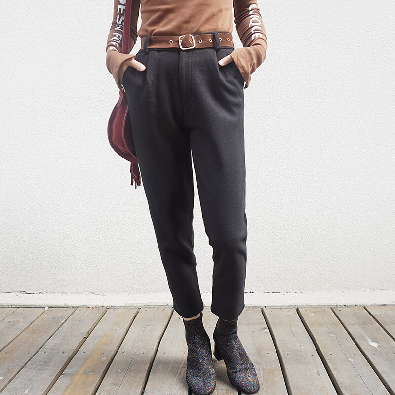 韩版送腰带呢子小脚裤女哈伦裤百搭显瘦松紧腰