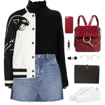 A fashion look from January 2018 featuring long-sleeve crop tops, white jacket and blue skirts. Browse and shop related looks.