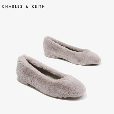 CHARLES＆KEITH冬女士毛绒单鞋CK1-70380613圆头芭蕾舞平底毛毛鞋
