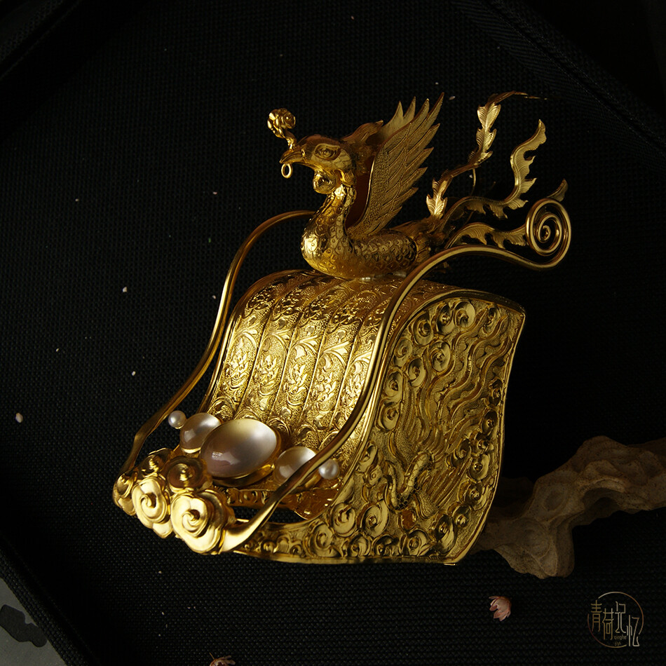 青荷记忆手工錾刻凤衔流苏嵌宝步摇冠朝娥皇
