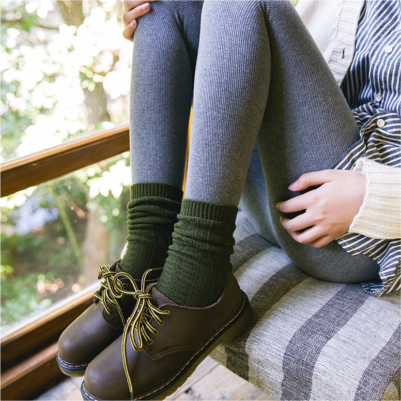 文艺范纯棉粗线加厚女士暗花纹中筒袜纯色秋冬堆堆袜简约韩版女袜