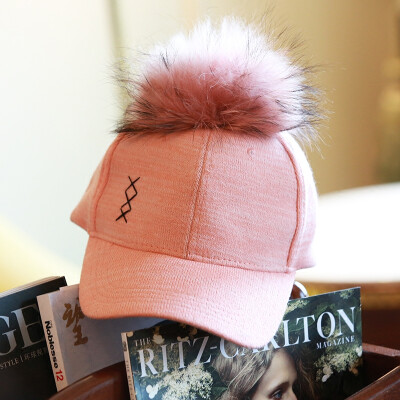 甜蜜芳华 粉色毛球秋冬甜美鸭舌帽女高品质棒球帽棉质针织街头帽