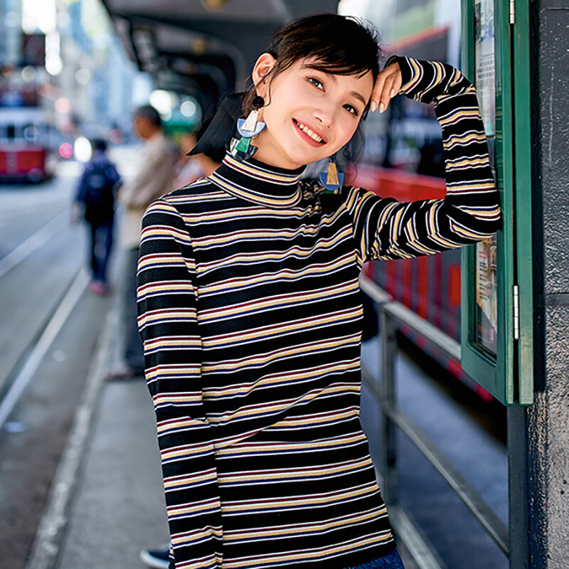 2018冬季韩版彩色条纹打底舒适高领羊毛衫打底衫针织衫修身女