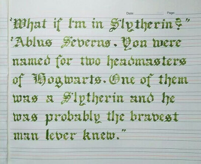 "万一我被分到斯莱特林了呢？"
"阿不思，你的名字是有霍格沃茨的两任校长命名的，他们其中一个就是在斯莱特林的，他恐怕是我见到过的最勇敢的人。"
P.I.P. Severus Snape & Alan.Sidney Patrick Rickman
