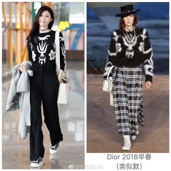 何穗┊Dior 2018早春系列图腾图案毛衣和Acne Studios灰色大衣，搭配Dior手提包、choker和运动鞋