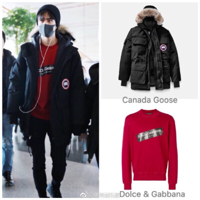 宋威龙┊身穿Canada Goose羽绒服，内搭Dolce & Gabbana红色卫衣