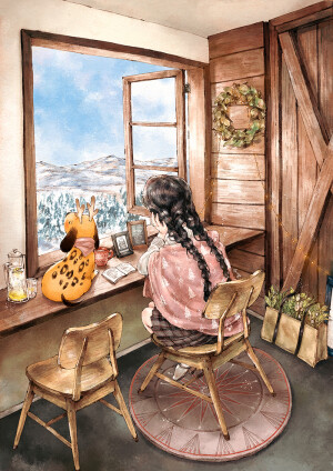 喝着茶，看着天空飘浮的云朵，给自己一段放空的时间 ~ 来自韩国插画家Aeppol 的「森林女孩日记-2018」系列插画。