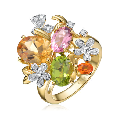 Rainbow Bouquet 彩虹花球 18K金镶黄晶粉红碧玺橄榄石火蛋白石及钻石戒指