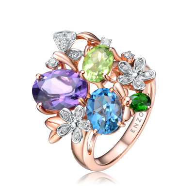 Rainbow Bouquet 彩虹花球 18K金镶托帕石透辉石紫晶橄榄石及钻石戒指