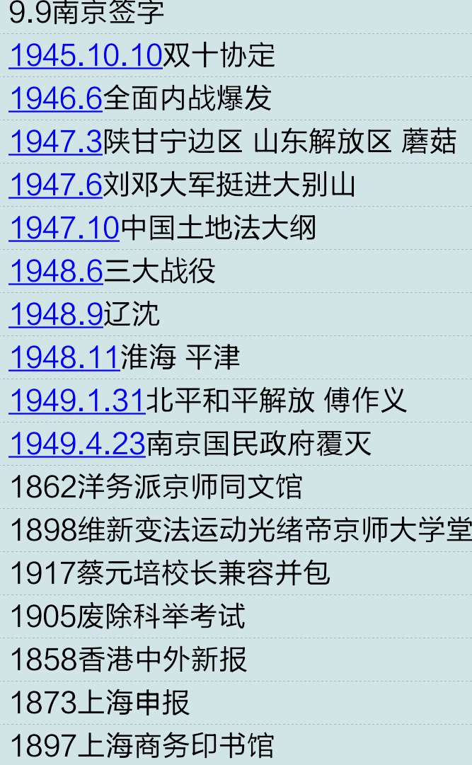 1948.6三大战役
1948.9辽沈
1948.11淮海 平津
1949.1.31北平和平解放 傅作义
1949.4.23南京国民政府覆灭
1862洋务派京师同文馆
1898维新变法运动光绪帝京师大学堂
1917蔡元培校长兼容并包
1905废除科举考试
1858香港中外新报
1873上海申报
1897上海商务印书馆
