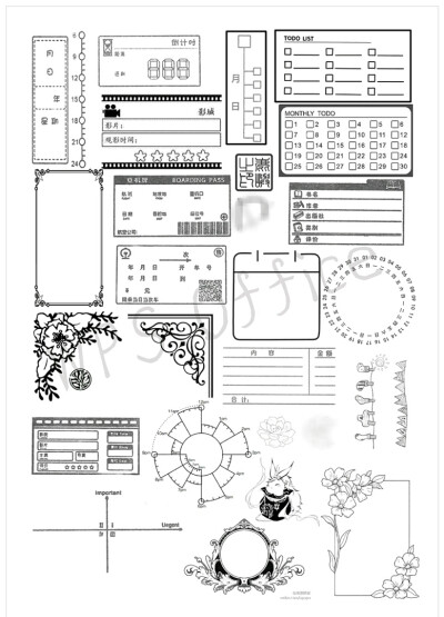 a4排版实用素材，橡皮章素材，实用章，包含时间轴、时间饼和一些边框等等
