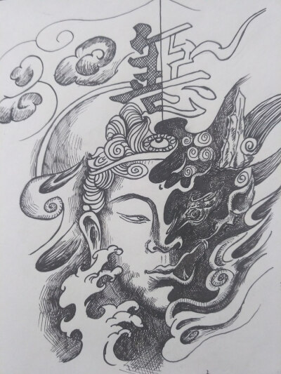 纹身，彩色，黑白，线描画，艺伎，装饰画