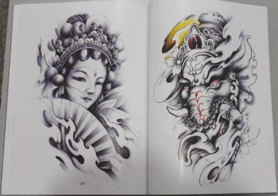 纹身，彩色，黑白，线描画，艺伎，装饰画