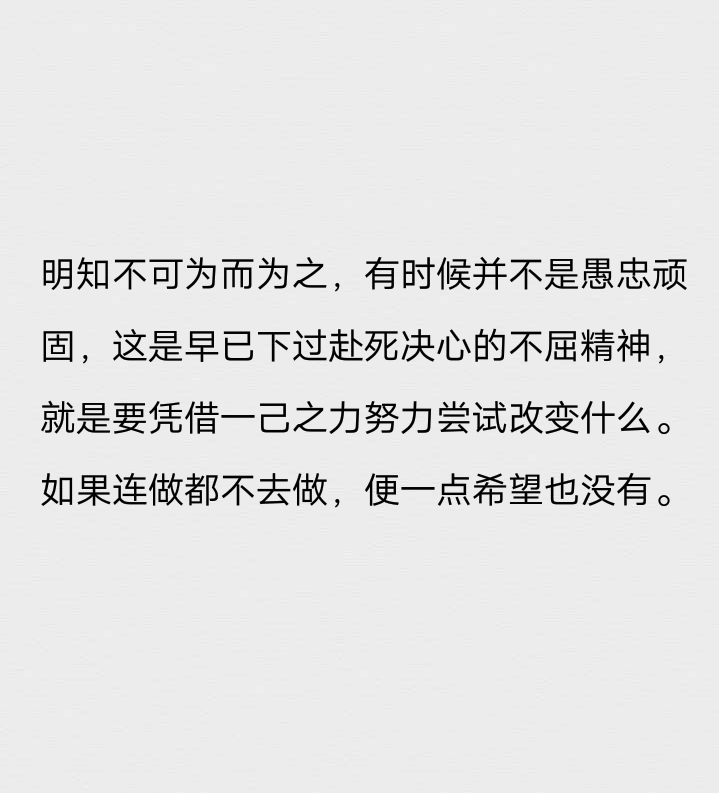 明知不可为而为之，有时候并不是愚忠顽固，这是早已下过赴死决心的不屈精神，就是要凭借一己之力努力尝试改变什么。如果连做都不去做，便一点希望也没有。