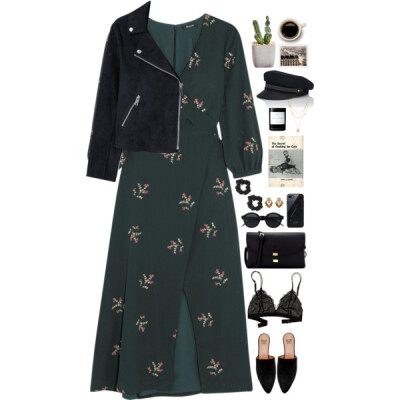A fashion look from January 2018 featuring chiffon midi dress, biker style jacket and lingerie lace bra. Browse and shop related looks.