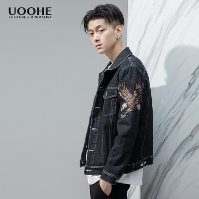 UOOHE2017秋装牛仔外套男 日系潮流刺绣休闲男士夹克