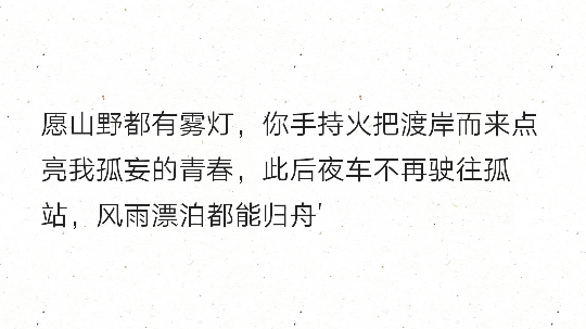 愿山野都有雾灯，你手持火把渡岸而来点亮我孤妄的青春，此后夜车不再驶往孤站，风雨漂泊都能归舟'