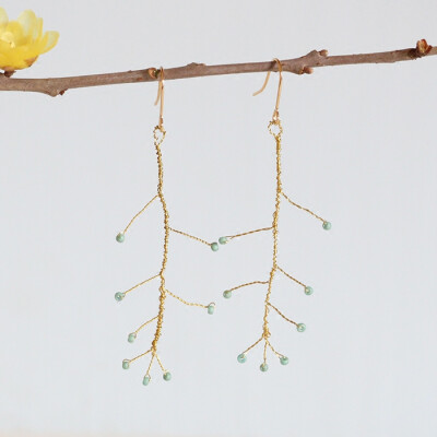 cang手作 原创手工制作 铜丝铜线绕线蓝绿色米珠耳环 树叶造型