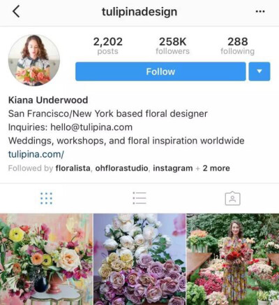 Kiana Underwood是加利福尼亚Tulipina工作室的一名花艺师，她的作品风格明艳跳跃，饱和度高，非常浪漫可爱。