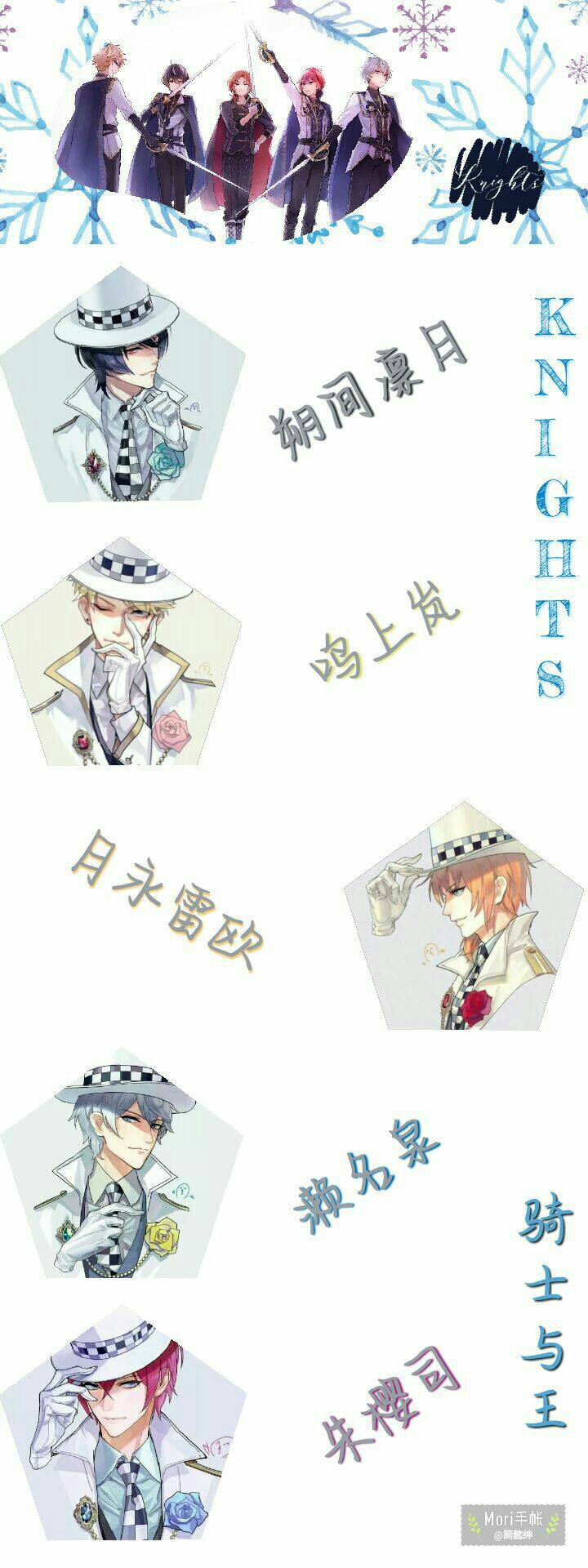 偶像梦幻祭＃KNIGHTS–朔间凛月；鸣上岚；月永雷欧；朱樱司；濑名泉。