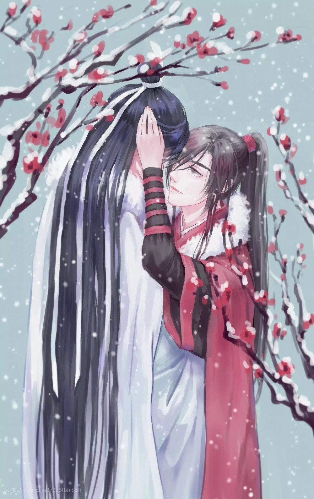 魔道祖师# 蓝忘机x魏无羡
“蓝湛，冷不冷？我帮你捂耳朵~”
画师：涼玖