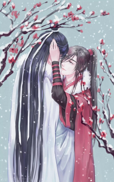 魔道祖师# 蓝忘机x魏无羡
“蓝湛，冷不冷？我帮你捂耳朵~”
画师：涼玖