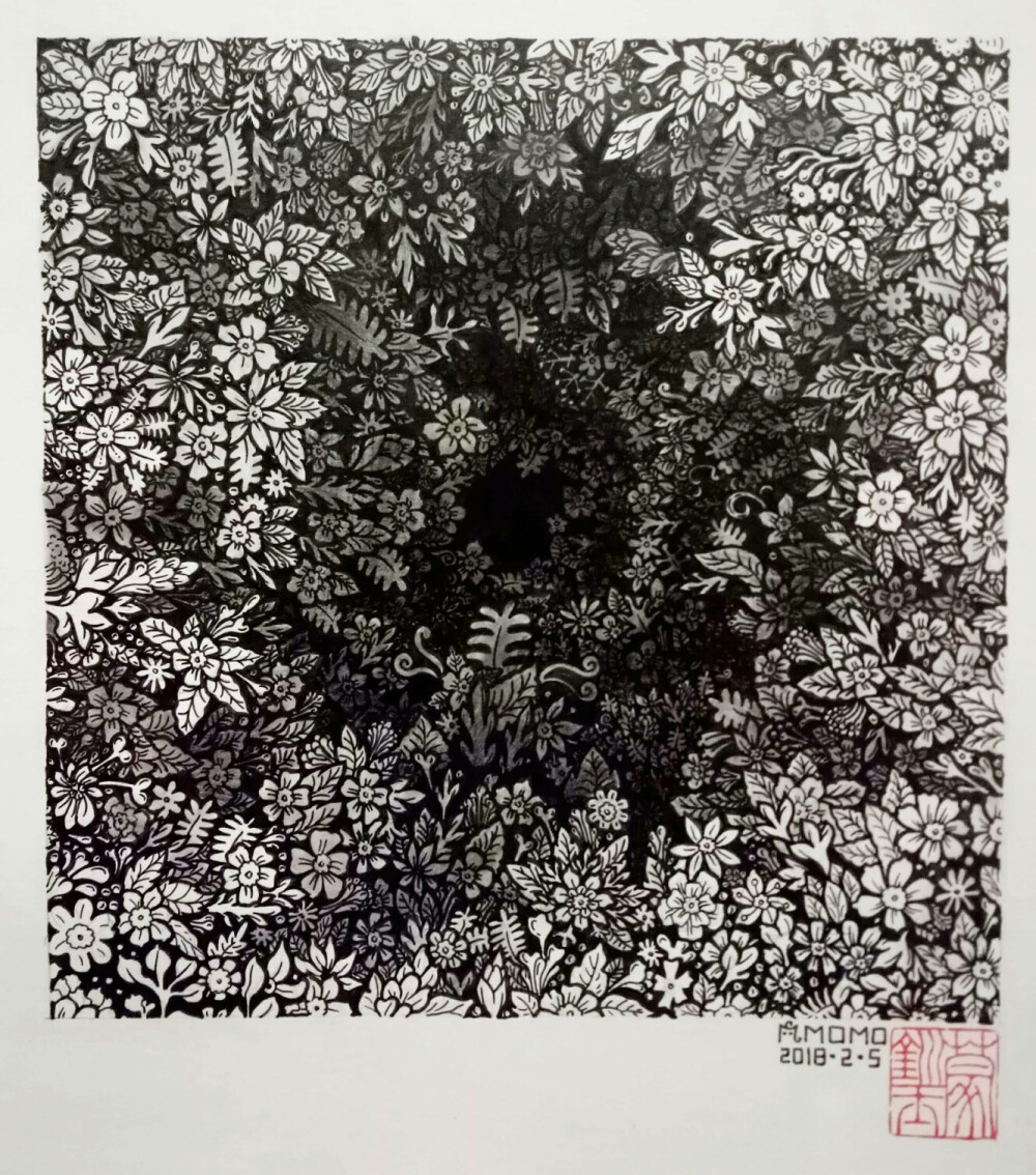 黑白装饰画 花
《深渊》 20*20cm
历时20小时，主用0.3针管笔，层次采用铅笔与炭笔来表现。
学习与模仿来自柬埔寨的visothkakvei大神。