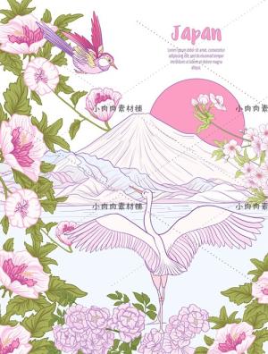 彩色日本和风富士山日出仙鹤和服女子背景图片矢量设计素材ai299