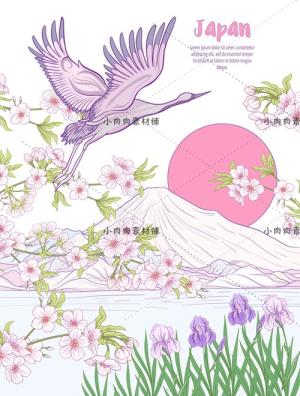 彩色日本和风富士山日出仙鹤和服女子背景图片矢量设计素材ai299