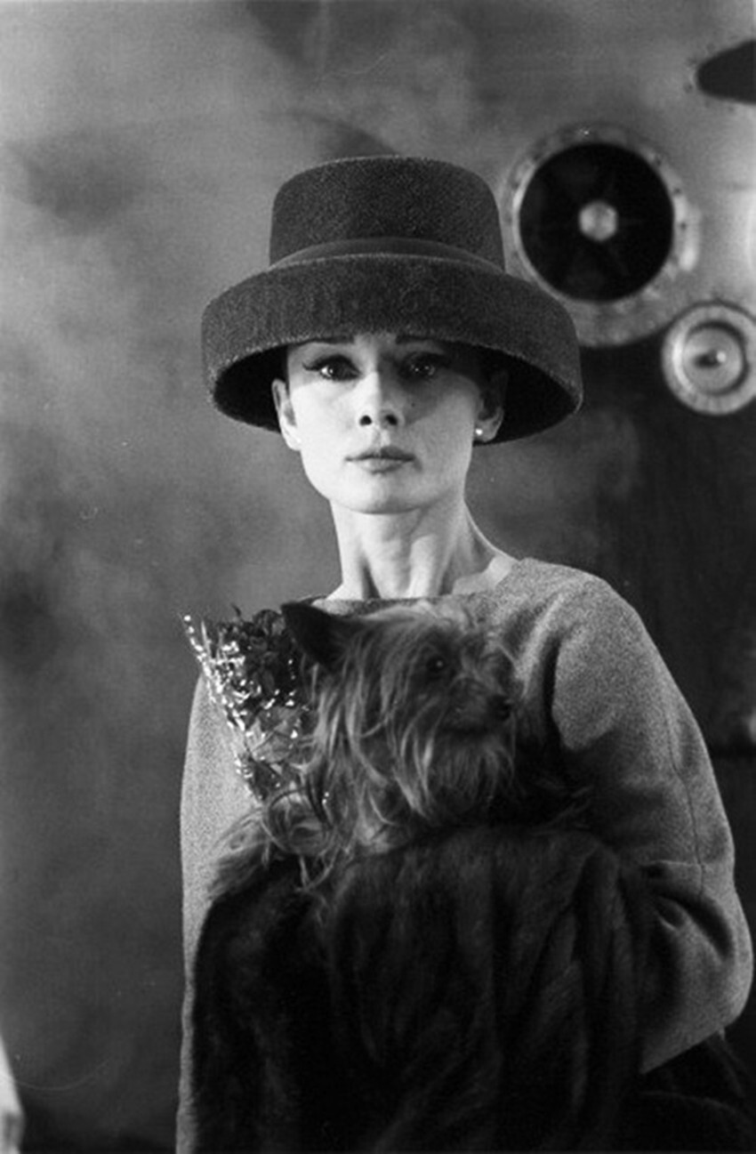 Audrey Hepburn poses with her Yorkshire Terrier, Mr. Famous, on the set of Funny Face, Paris, France, 1956.