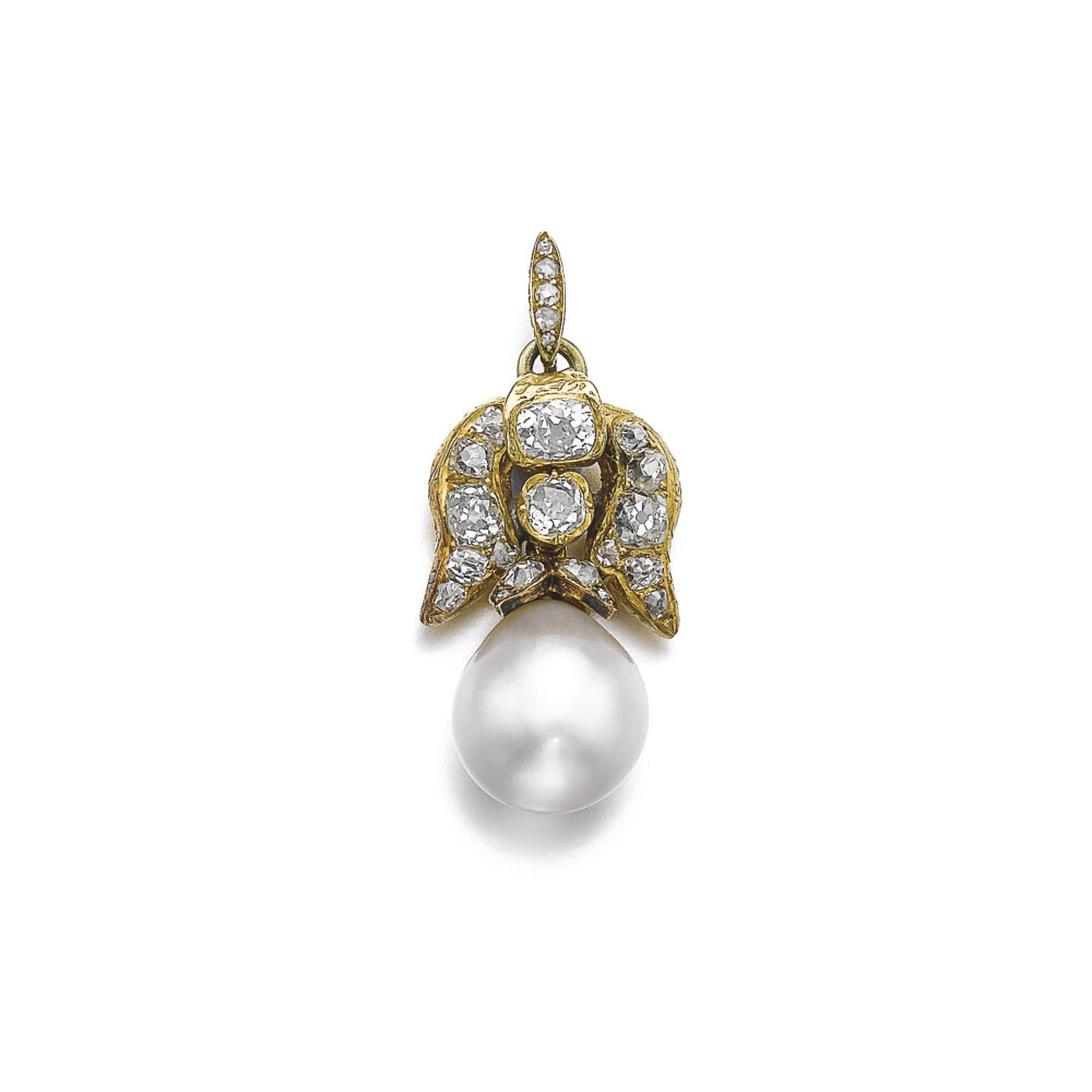 Natural pearl and diamond pendant, late 19th century
Of foliate design, set with cushion-shaped, single-cut and rose diamonds, supporting a detachable pendant set with a drop shaped natural pearl weighing 16.56 carats and measuring approximately 12.50 x 13.30 x 15.30mm, additional brooch fitting.