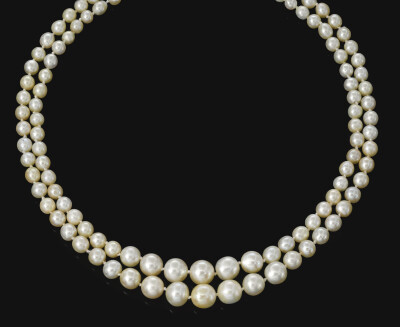 Natural pearl necklace composed of one hundred and twenty natural pearls
The graduated two-strand necklace composed of natural pearls measuring from approximately 4.5 to 10.6mm, length approximately 4…