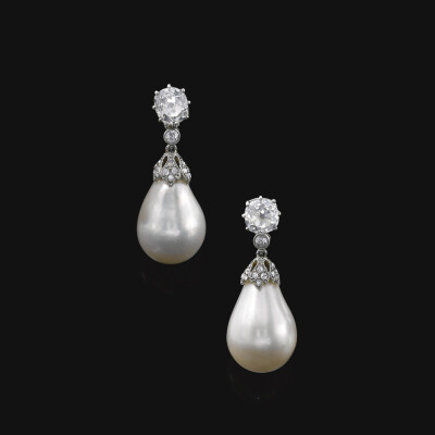 Pair of natural pearl and diamond pendent earrings, circa 1900