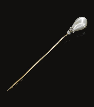 Natural pearl and diamond hat pin, late 19th century