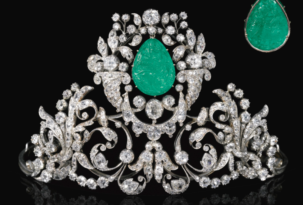 Diamond and Carved Emerald Tiara, ca. 19th Century
Though difficult to see, the emerald carvings depicts the Madonna and Child on the front and the Annunciation on the reverse